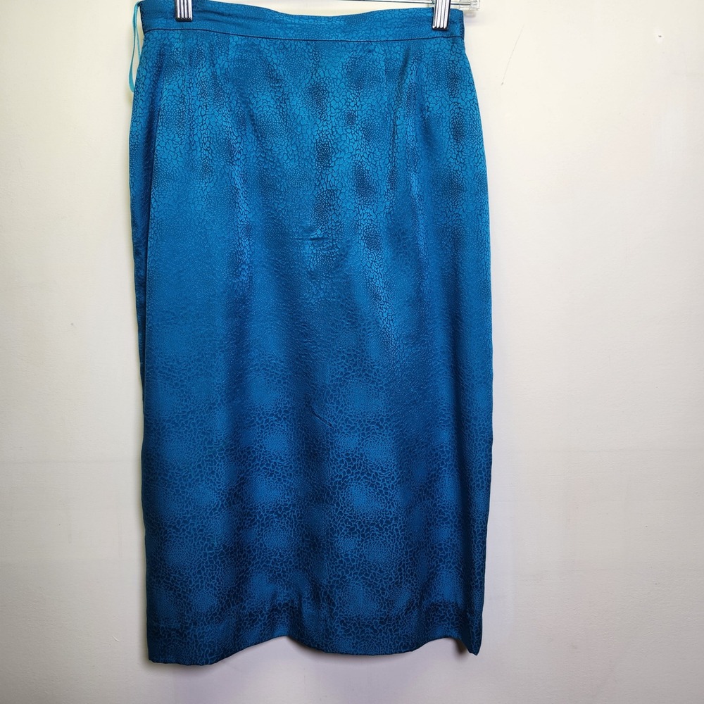 Vintage Pia Rucci 100% Silk Teal Blue Midi Skirt Sz 4/6 Back Zip Lined Embossed